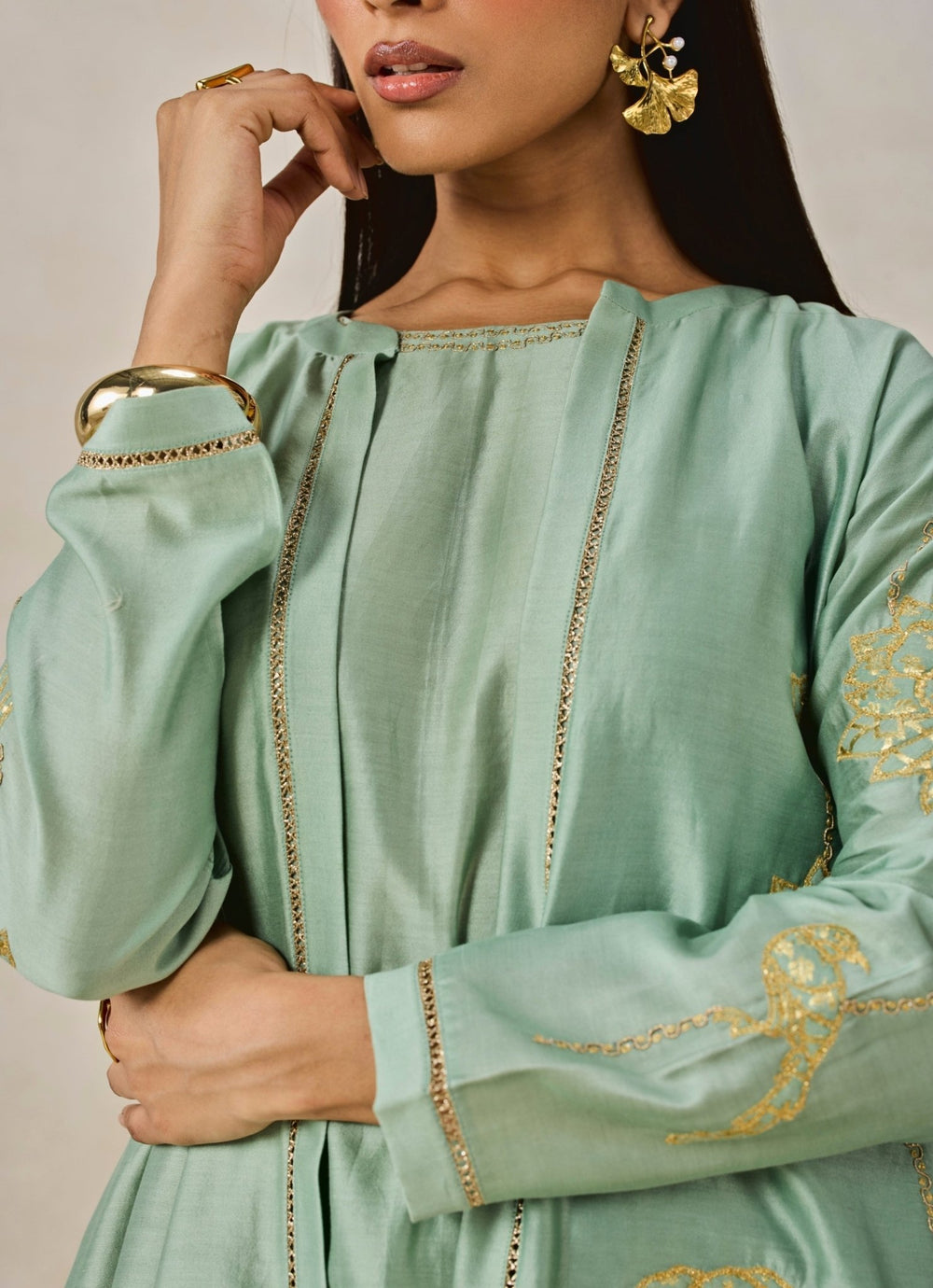 Sage Green Chanderi Kurta Salwar Set With Jacket Nitika Gujral - Fabilicious Fashion