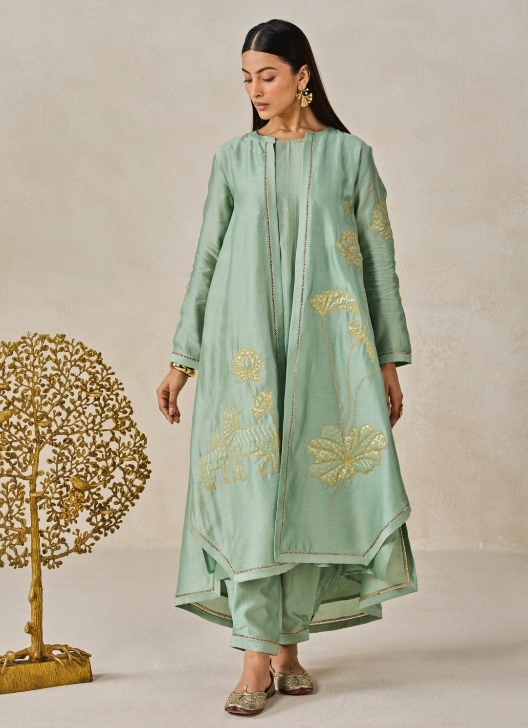 Sage Green Chanderi Kurta Salwar Set With Jacket Nitika Gujral - Fabilicious Fashion