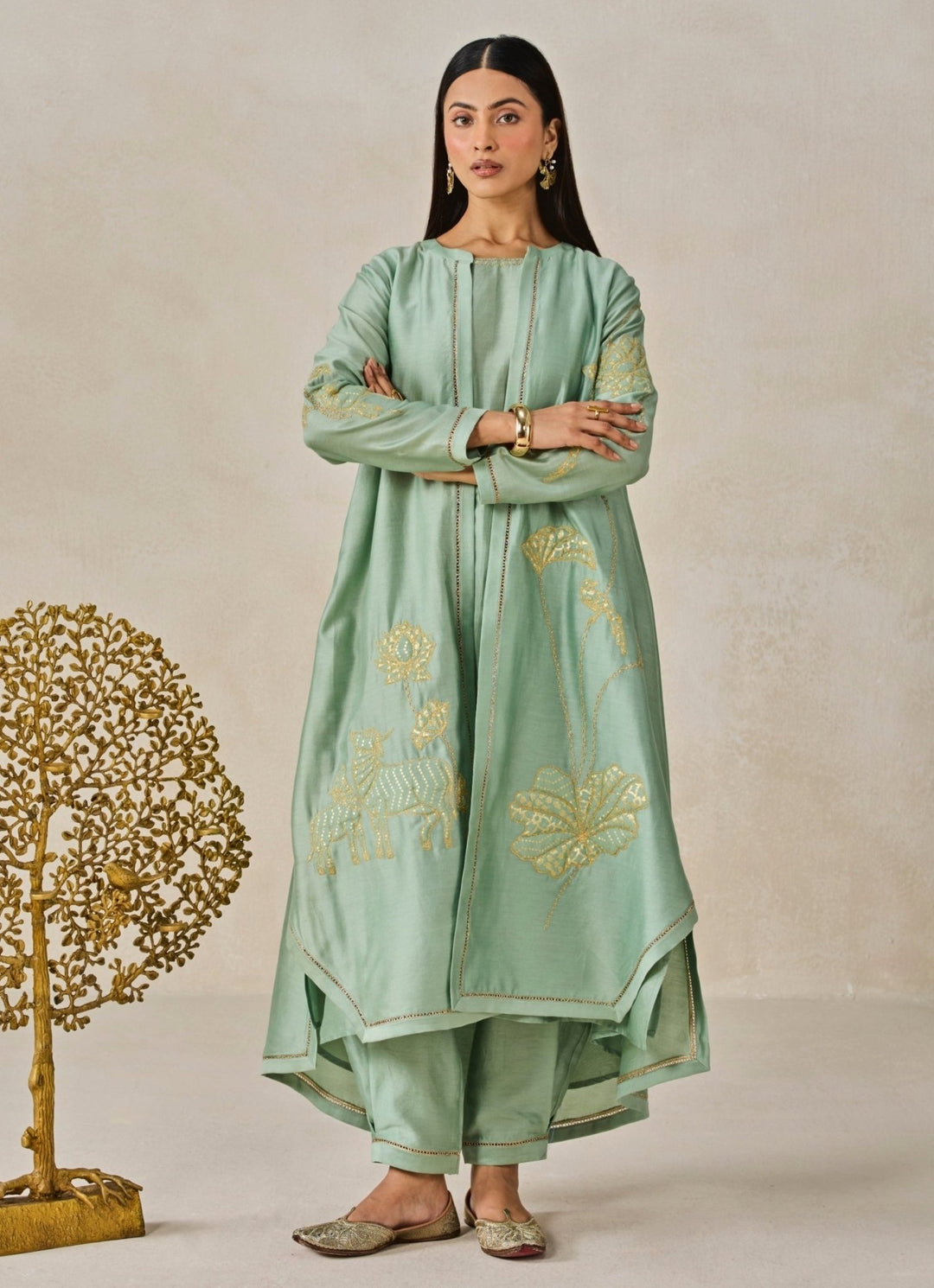 Nitika Gujral Sage Green Chanderi Kurta Salwar Set With JacketFabilicious Fashion