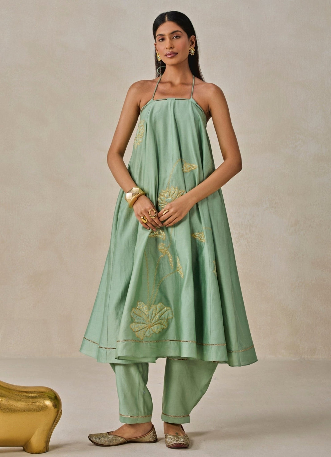 Sage Green Chanderi Off-Shoulder Kurta Pants Set - Nitika Gujral- Fabilicious Fashion Sage Green Chanderi Off-Shoulder Kurta Pants Set - Nitika Gujral- Fabilicious Fashion