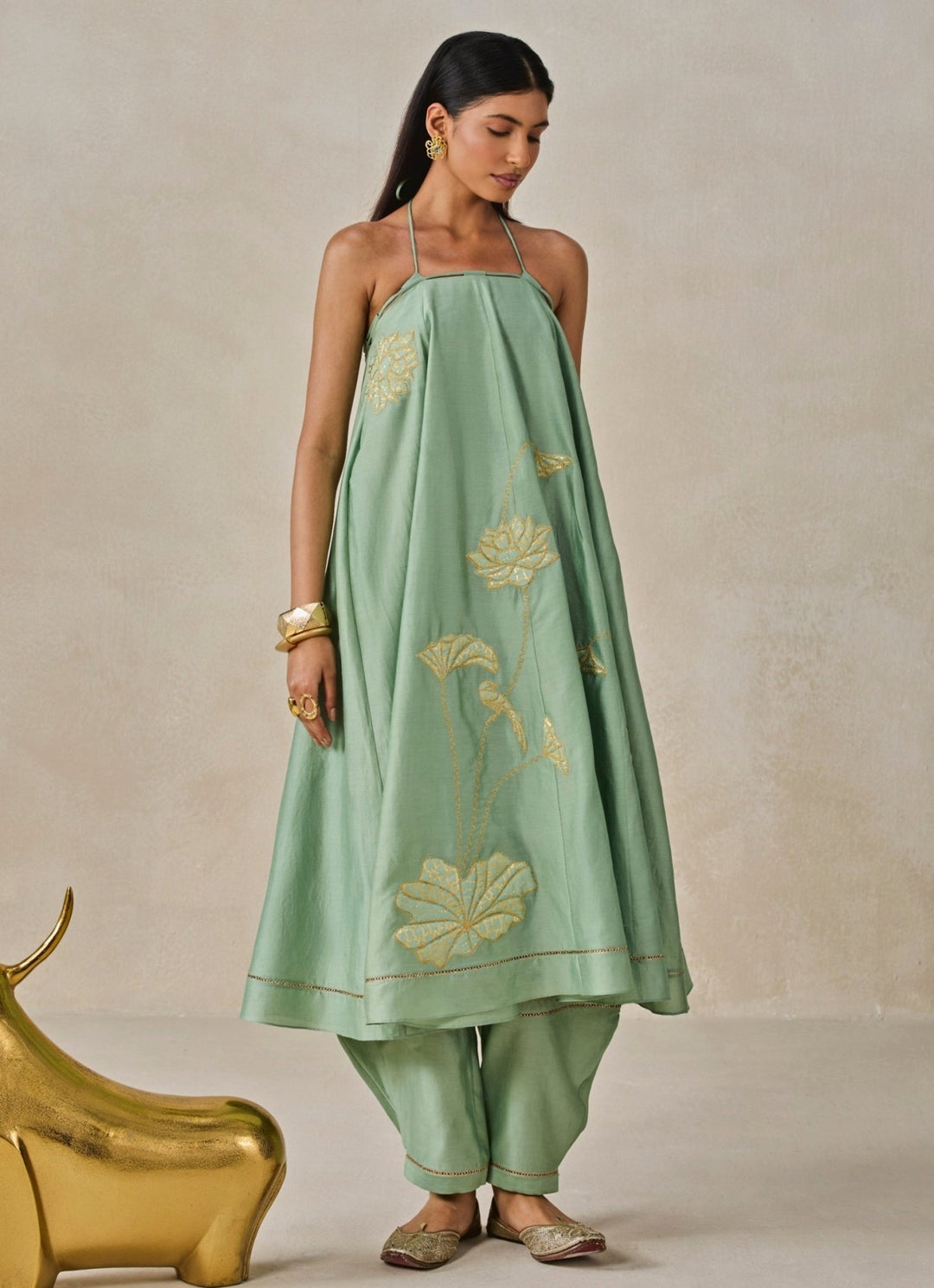 Nitika Gujral Sage Green Chanderi Off - Shoulder Kurta Pants SetFabilicious Fashion