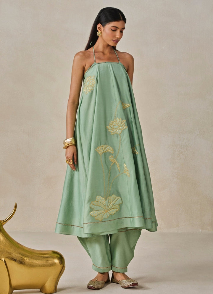 Nitika Gujral Sage Green Chanderi Off - Shoulder Kurta Pants SetFabilicious Fashion
