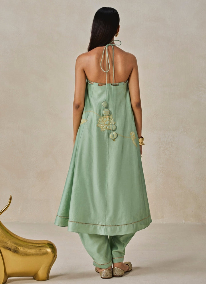 Nitika Gujral Sage Green Chanderi Off - Shoulder Kurta Pants SetFabilicious Fashion