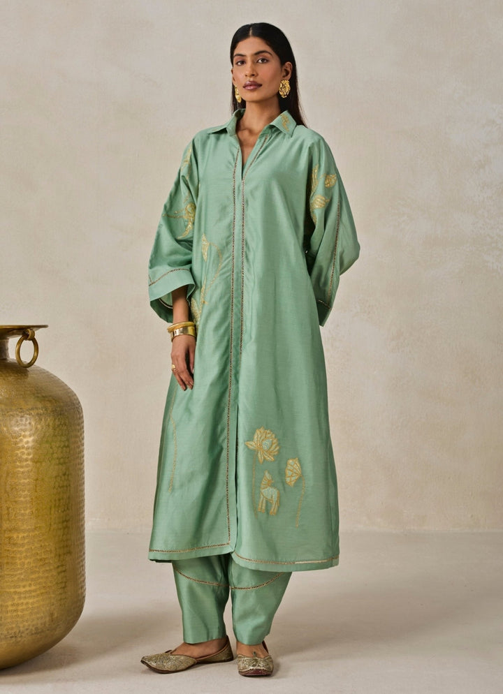 Nitika Gujral Sage Green Chanderi Shirt Style Kurta Salwar SetFabilicious Fashion