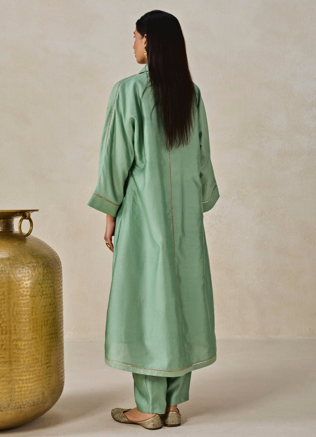 Nitika Gujral Sage Green Chanderi Shirt Style Kurta Salwar SetFabilicious Fashion