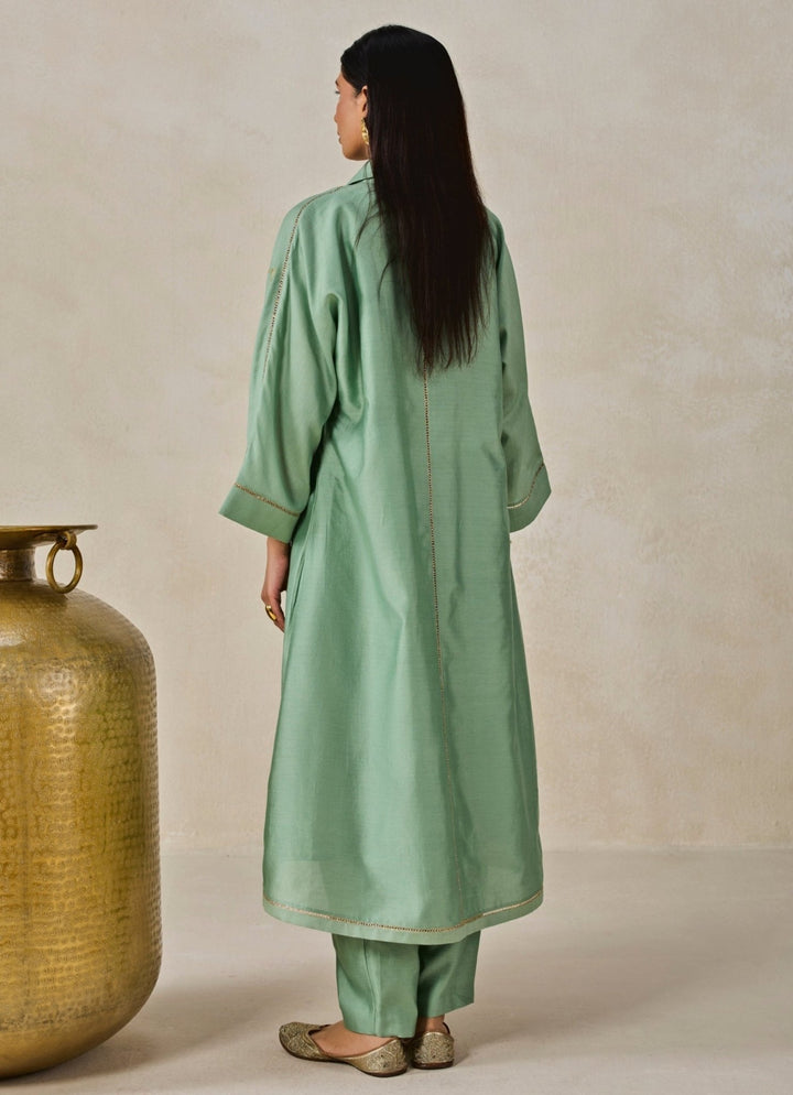 Nitika Gujral Sage Green Chanderi Shirt Style Kurta Salwar SetFabilicious Fashion