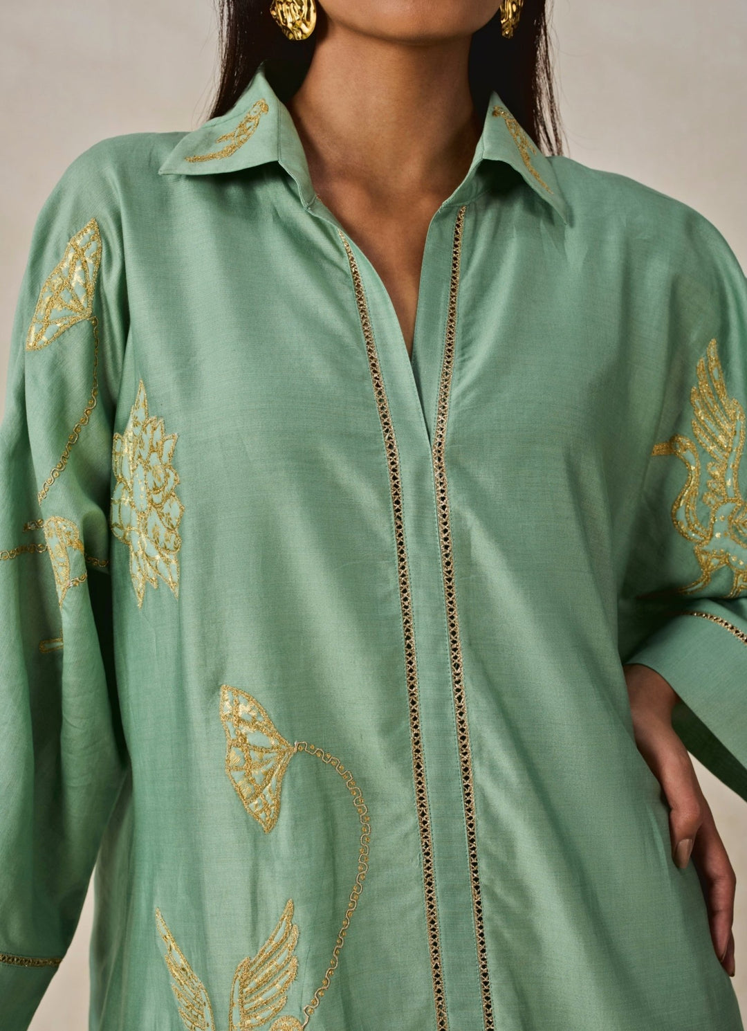 Nitika Gujral Sage Green Chanderi Shirt Style Kurta Salwar SetFabilicious Fashion