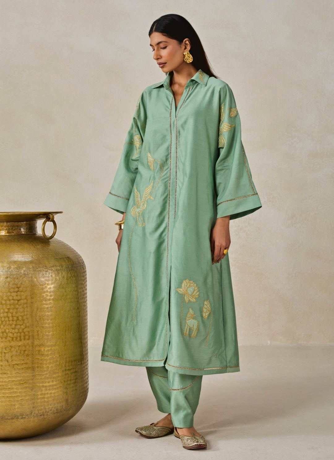 Sage Green Chanderi Shirt Style Kurta Salwar Set Nitika Gujral - Fabilicious Fashion