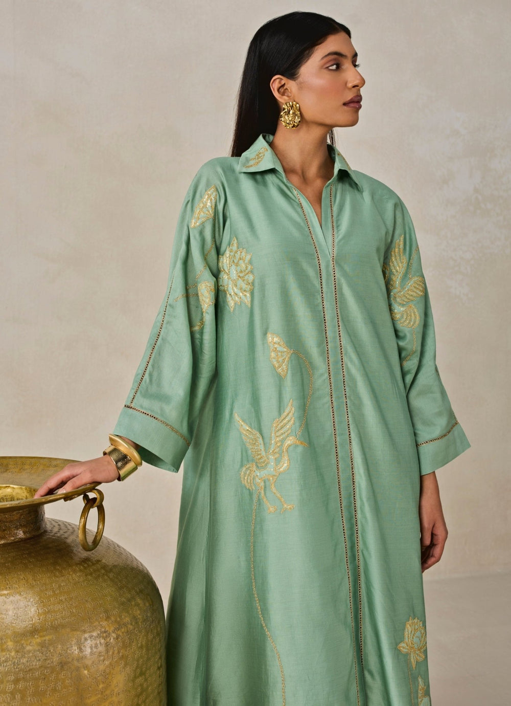 Sage Green Chanderi Shirt Style Kurta Salwar Set Nitika Gujral - Fabilicious Fashion