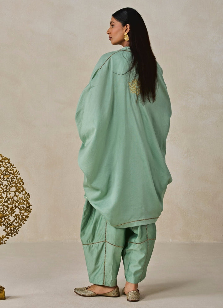 Nitika Gujral Sage Green Chanderi Short Kurta Salwar Set With JacketFabilicious Fashion