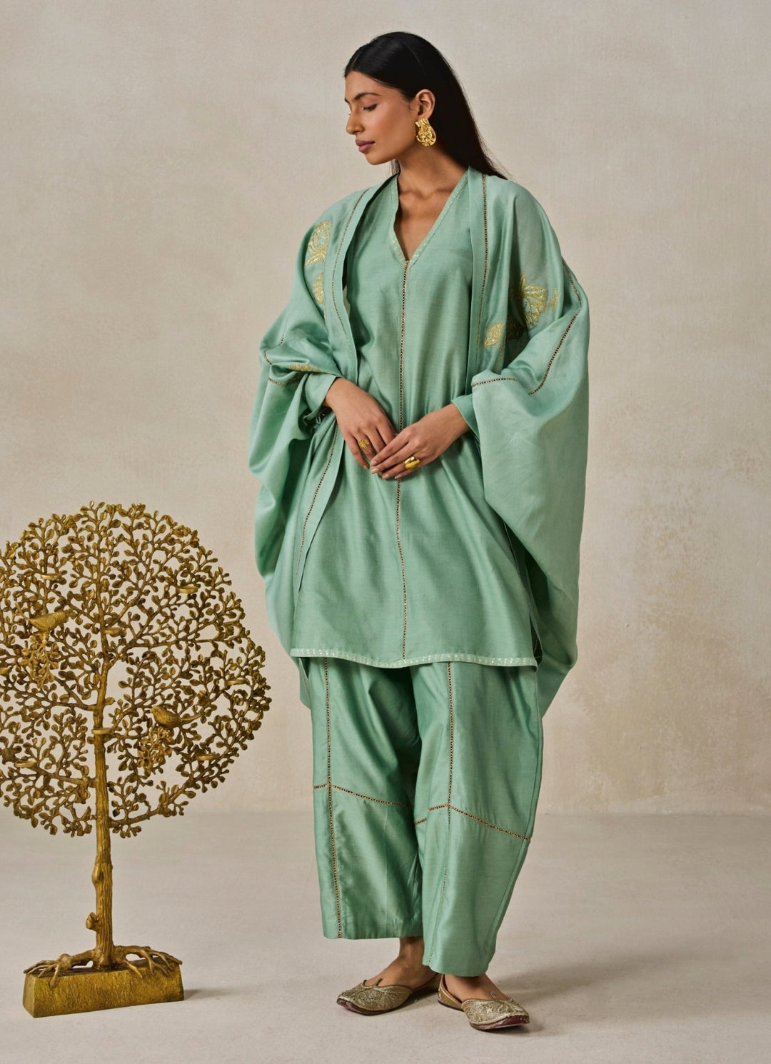 Nitika Gujral Sage Green Chanderi Short Kurta Salwar Set With JacketFabilicious Fashion