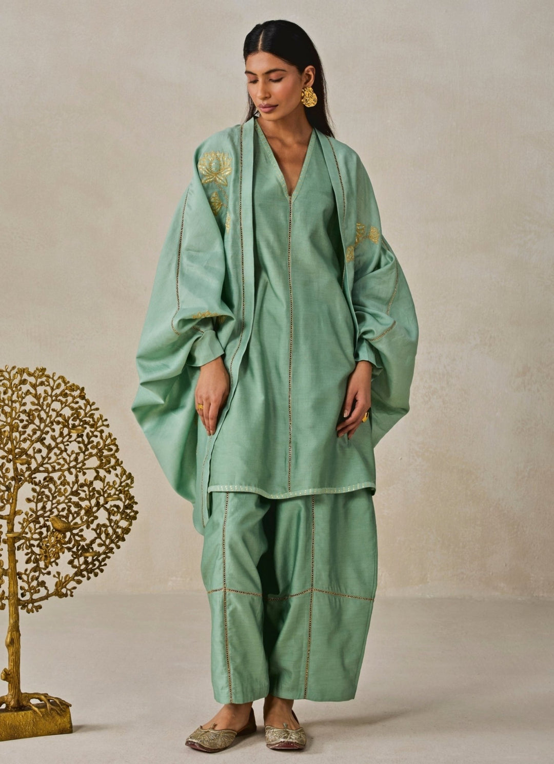 Sage Green Chanderi Short Kurta Salwar Set With Jacket Nitika Gujral - Fabilicious Fashion