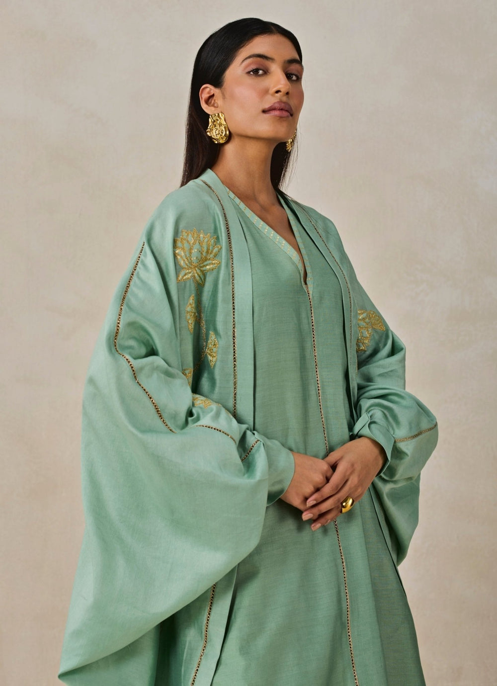 Sage Green Chanderi Short Kurta Salwar Set With Jacket Nitika Gujral - Fabilicious Fashion