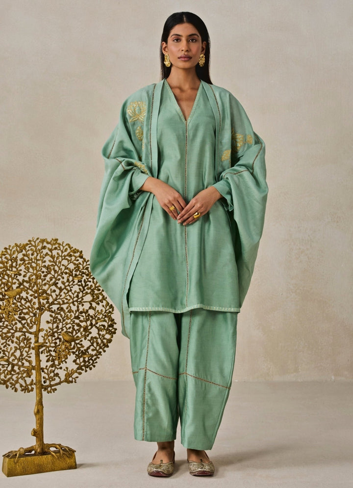 Nitika Gujral Sage Green Chanderi Short Kurta Salwar Set With JacketFabilicious Fashion