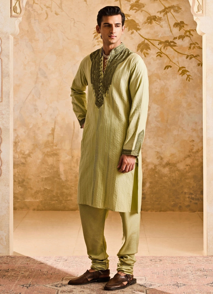 Sage Green Cotton Silk Pintucked Kurta Set Nitika Gujral - Men - Fabilicious Fashion
