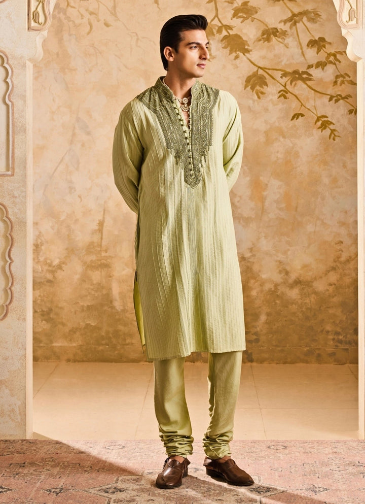 Sage Green Cotton Silk Pintucked Kurta Set Nitika Gujral - Men - Fabilicious Fashion