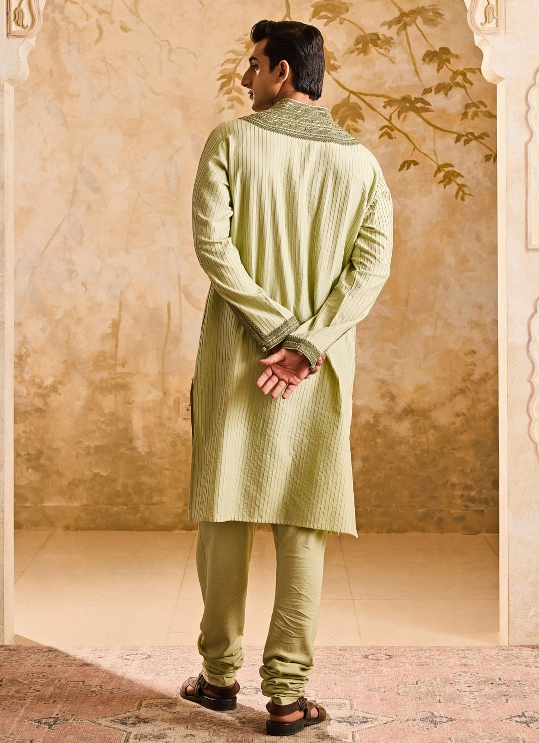 Sage Green Cotton Silk Pintucked Kurta Set Nitika Gujral - Men - Fabilicious Fashion
