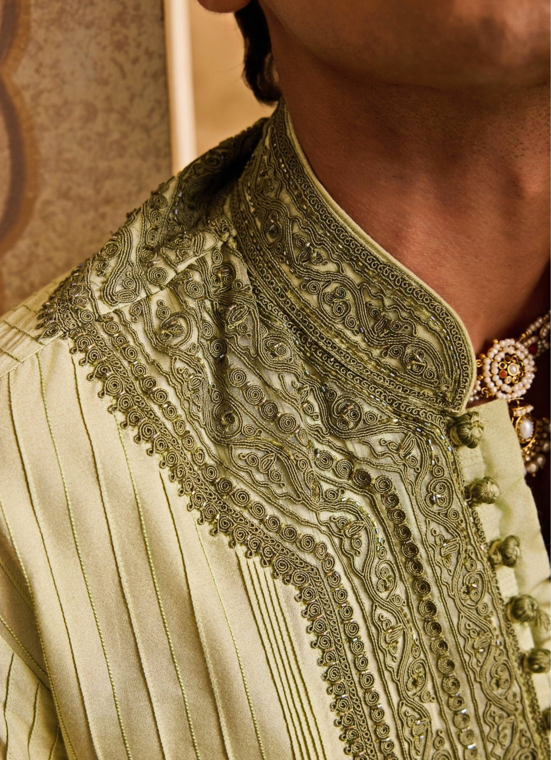 Sage Green Cotton Silk Pintucked Kurta Set Nitika Gujral - Men - Fabilicious Fashion