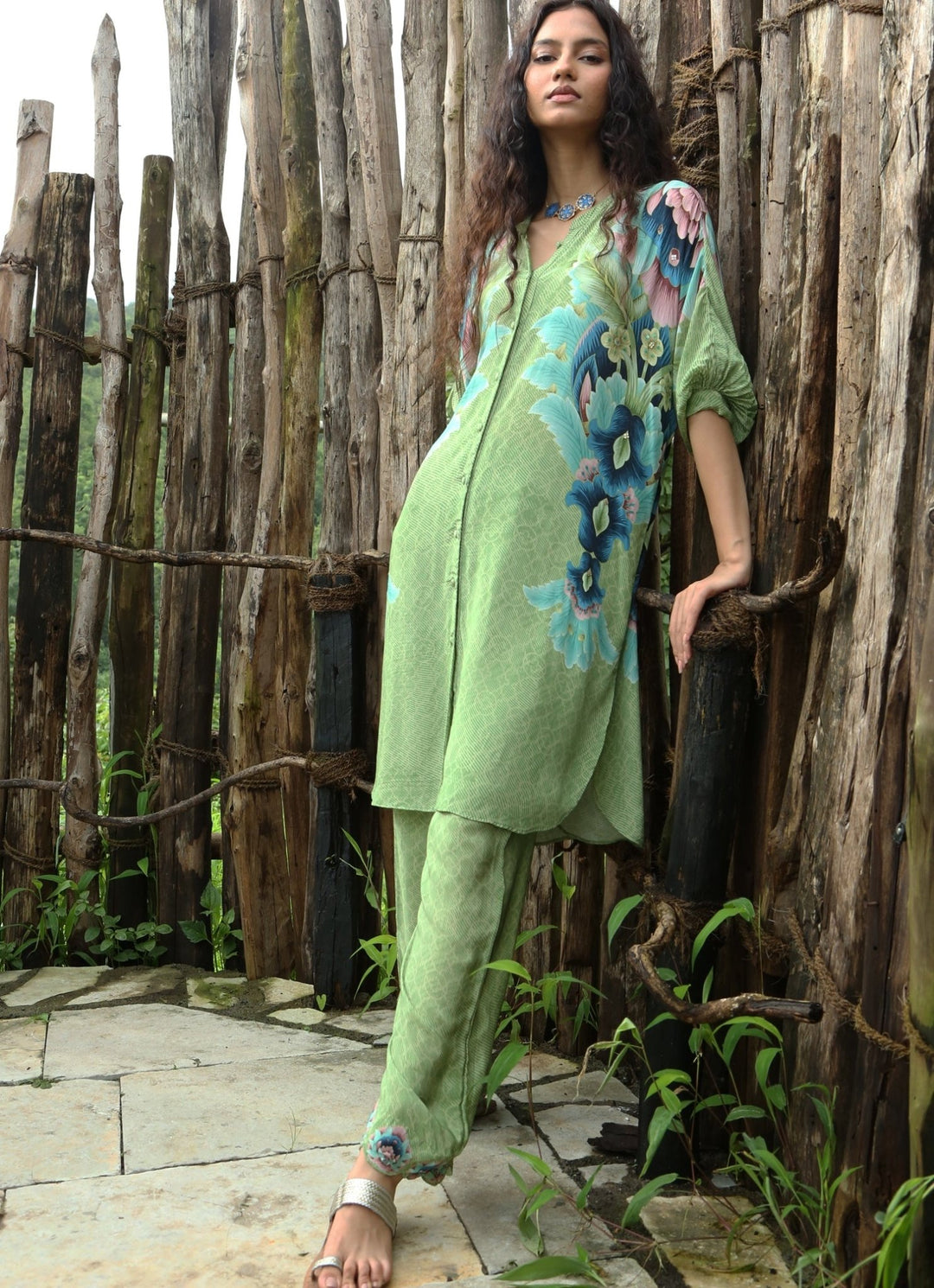 Sage Green Crepe Kurta Pant Set Basil Leaf - Fabilicious Fashion