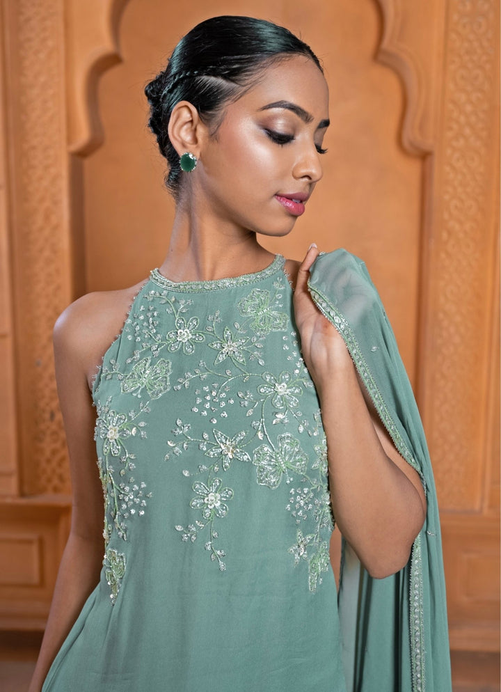 Sage Green Crepe Kurta Pants Set Enamour by Radha - Fabilicious Fashion