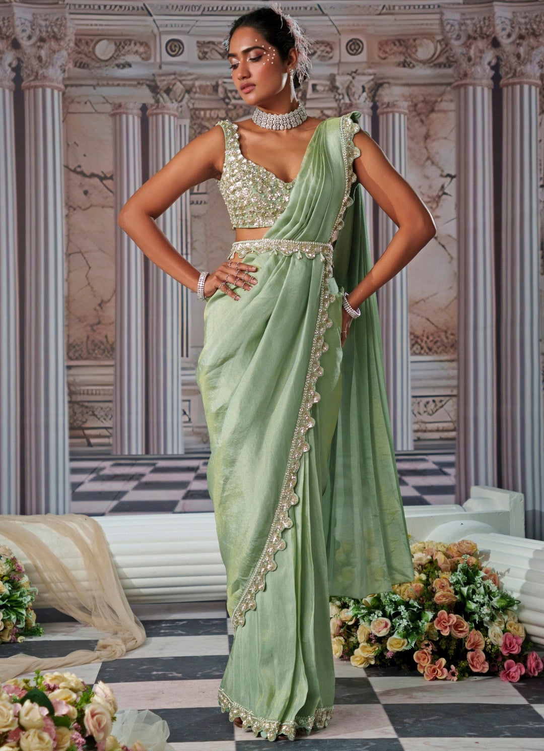 Sage Green Draped Sequin Embroidered Georgette Saree Nidhika Shekhar - Fabilicious Fashion