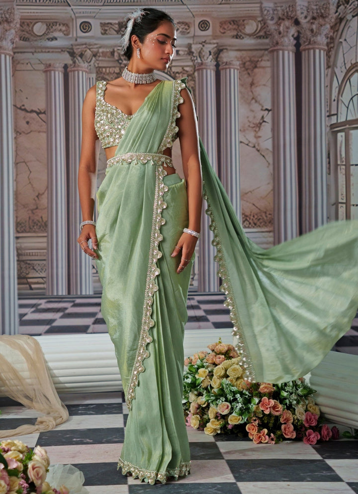 Sage Green Draped Sequin Embroidered Georgette Saree Nidhika Shekhar - Fabilicious Fashion
