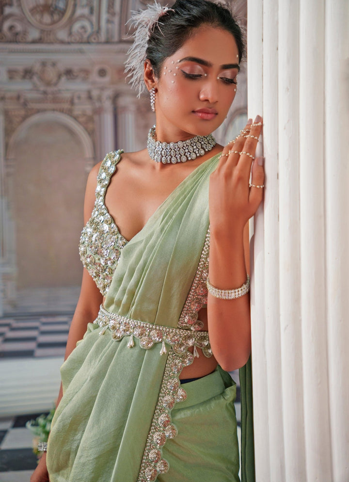 Sage Green Draped Sequin Embroidered Georgette Saree Nidhika Shekhar - Fabilicious Fashion