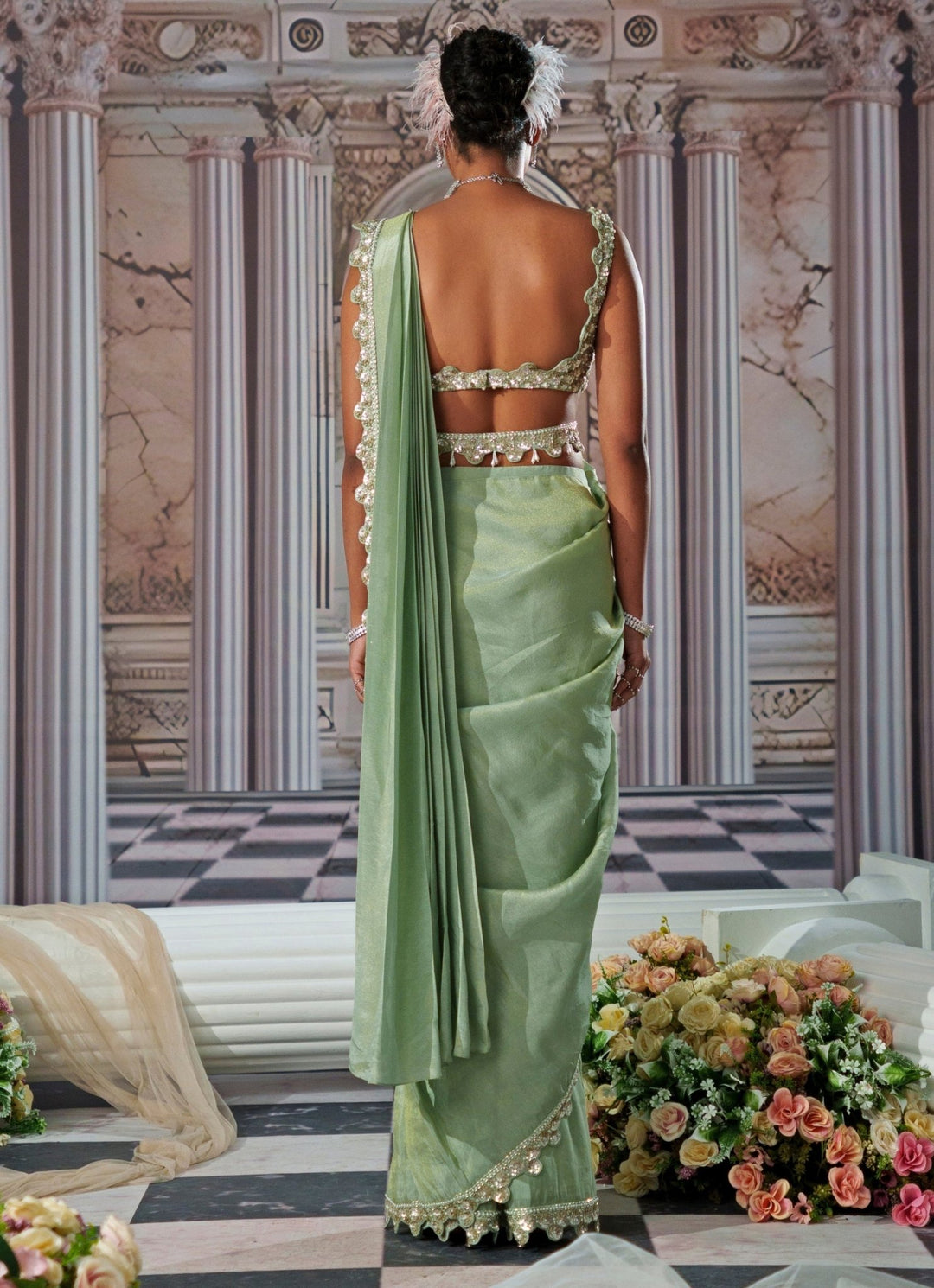 Sage Green Draped Sequin Embroidered Georgette Saree Nidhika Shekhar - Fabilicious Fashion