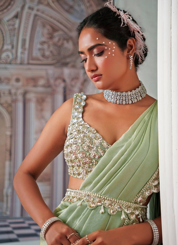 Sage Green Draped Sequin Embroidered Georgette Saree Nidhika Shekhar - Fabilicious Fashion
