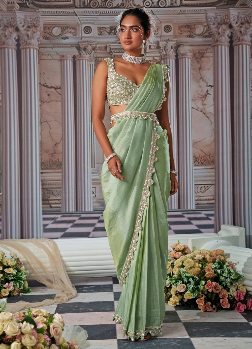 Sage Green Draped Sequin Embroidered Georgette Saree Nidhika Shekhar - Fabilicious Fashion