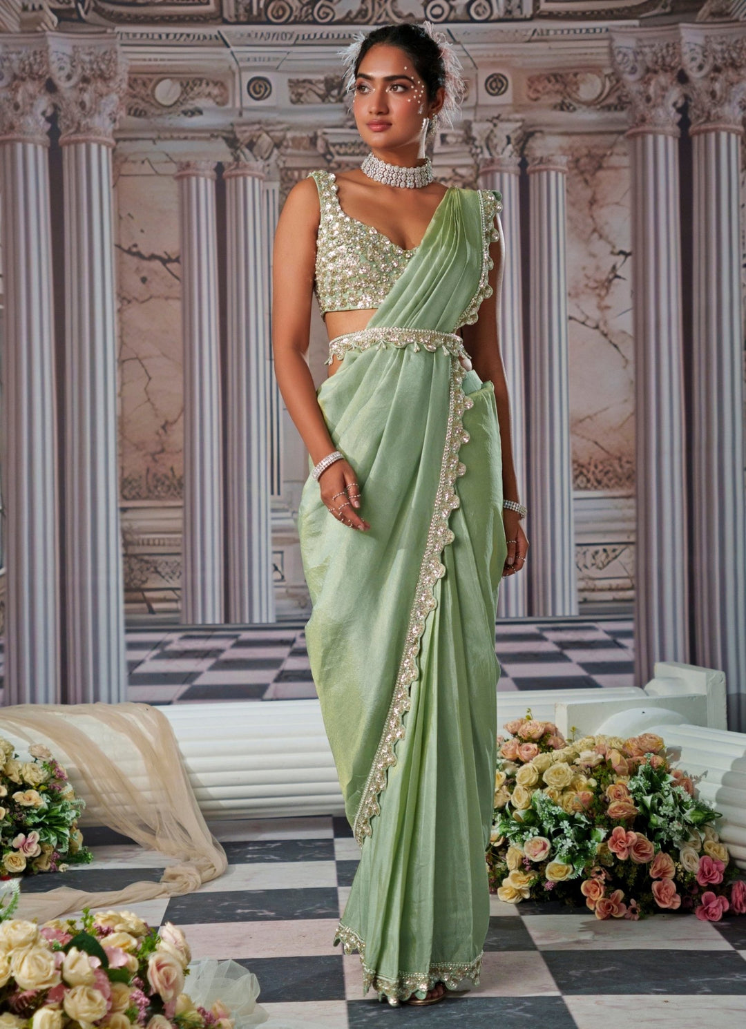 Sage Green Draped Sequin Embroidered Georgette Saree Nidhika Shekhar - Fabilicious Fashion
