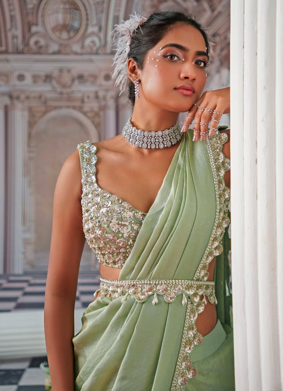 Sage Green Draped Sequin Embroidered Georgette Saree Nidhika Shekhar - Fabilicious Fashion