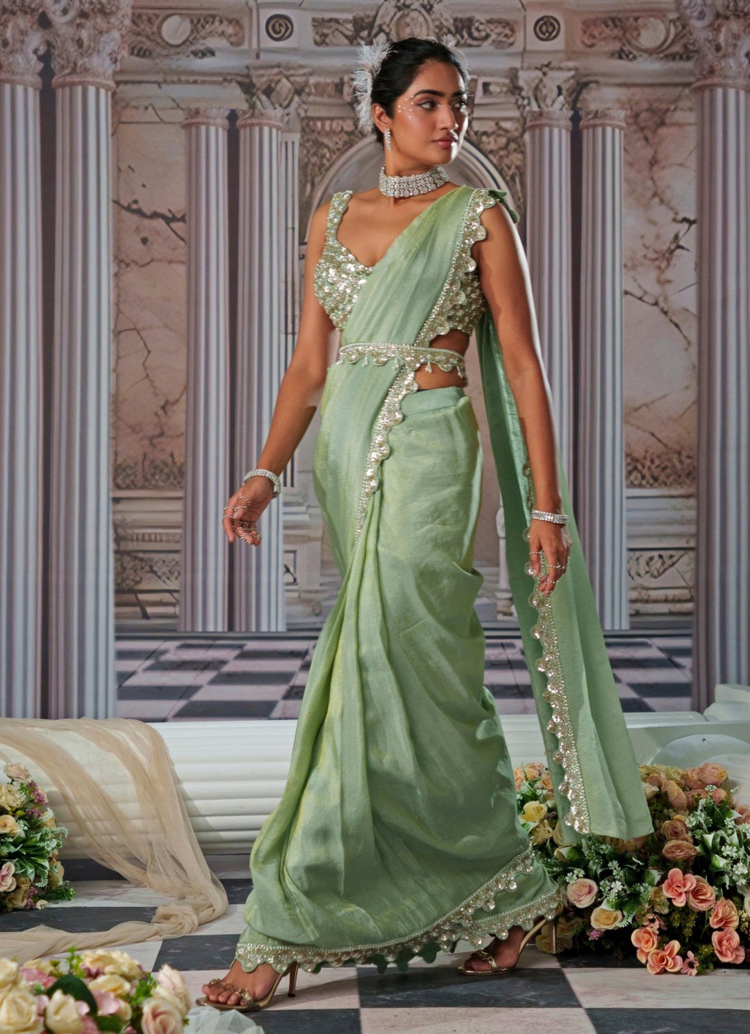 Sage Green Draped Sequin Embroidered Georgette Saree Nidhika Shekhar - Fabilicious Fashion