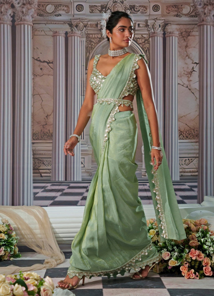 Sage Green Draped Sequin Embroidered Georgette Saree Nidhika Shekhar - Fabilicious Fashion