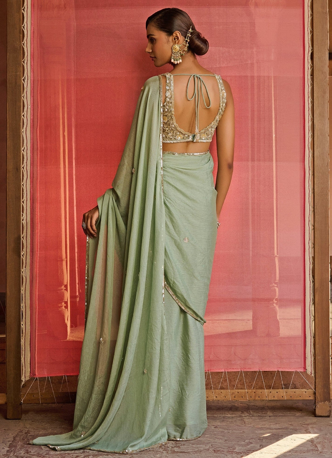 Sage Green Embroidered Georgette Pre - Draped Slit Saree Zoon Tribe - Fabilicious Fashion