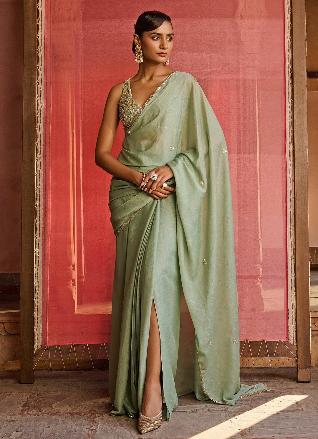 Sage Green Embroidered Georgette Pre - Draped Slit Saree Zoon Tribe - Fabilicious Fashion