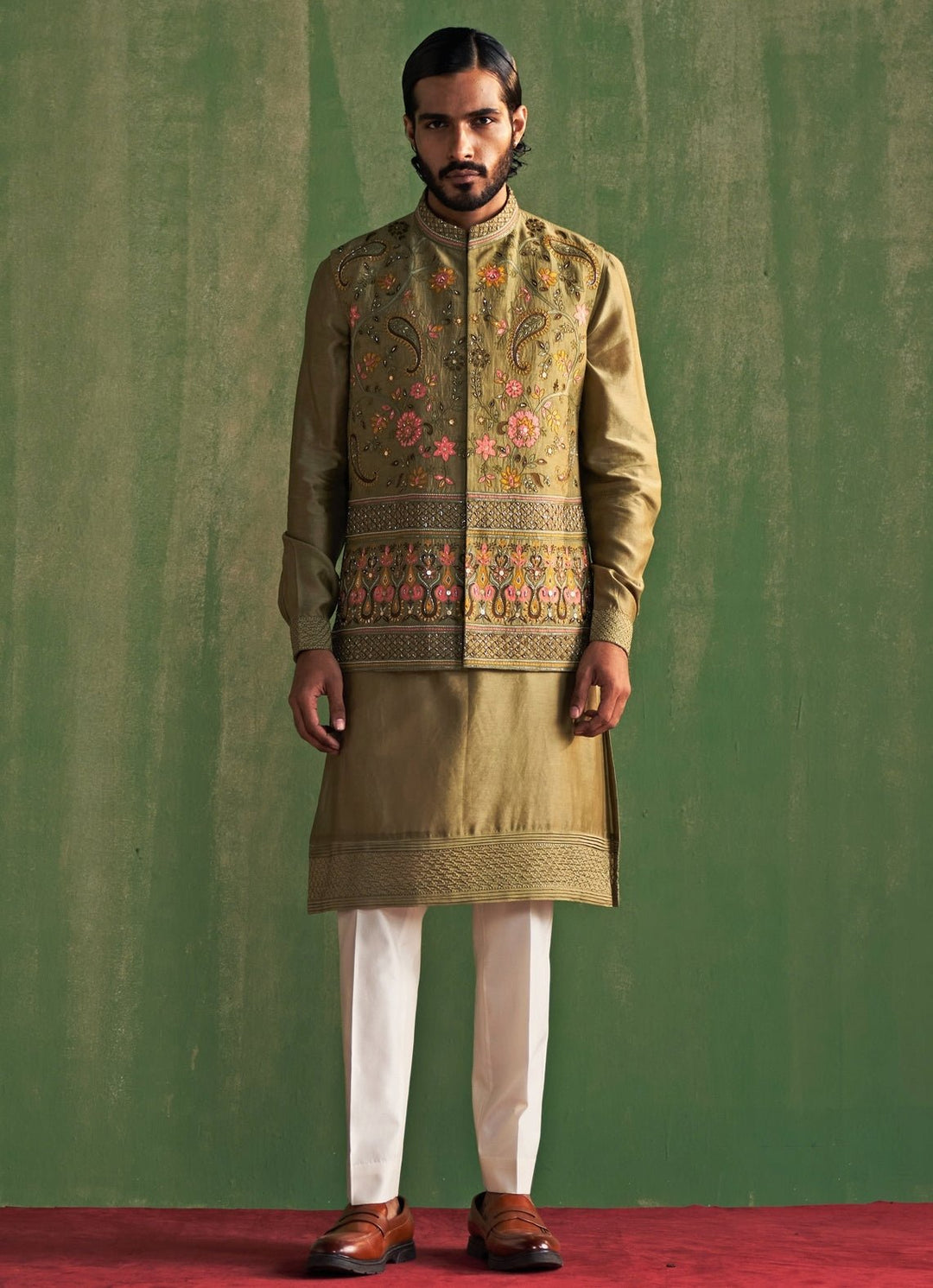 Sage Green Embroidered Kurta Bundi Set Studio Bagechaa - Men - Fabilicious Fashion