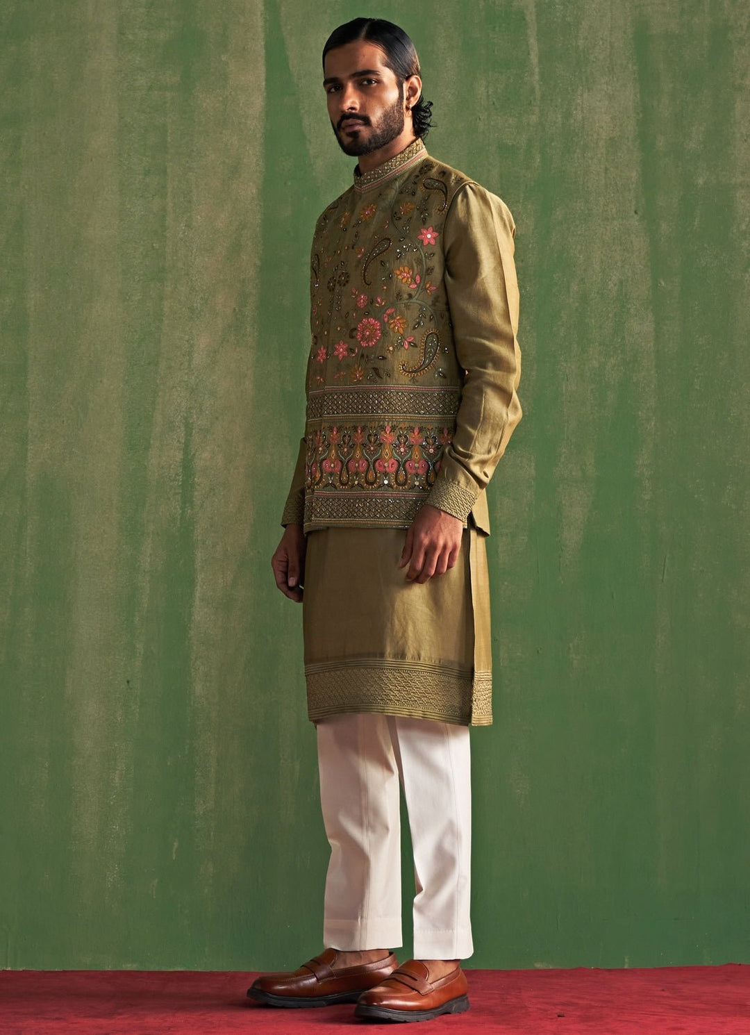 Sage Green Embroidered Kurta Bundi Set Studio Bagechaa - Men - Fabilicious Fashion