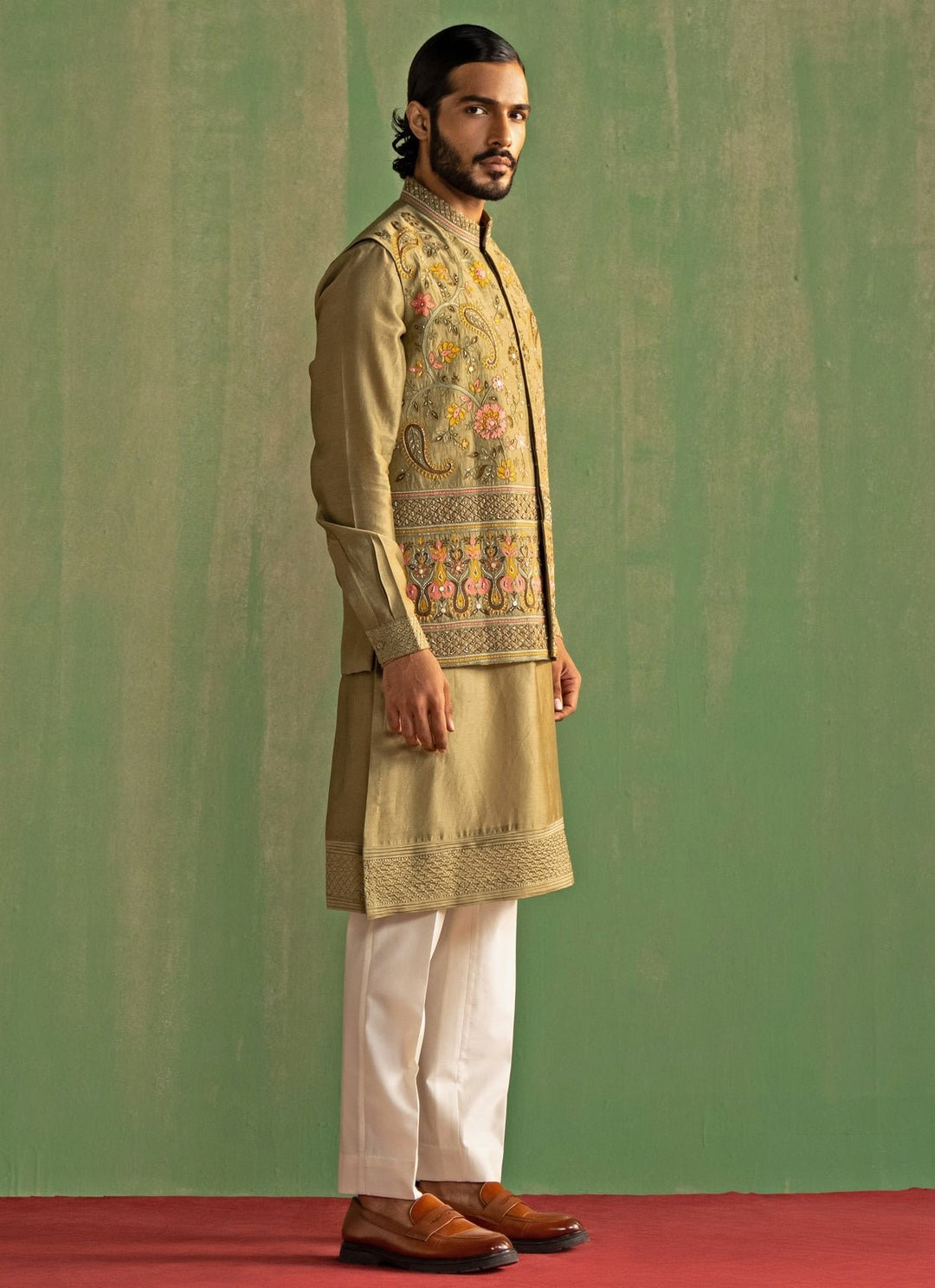 Sage Green Embroidered Kurta Bundi Set Studio Bagechaa - Men - Fabilicious Fashion