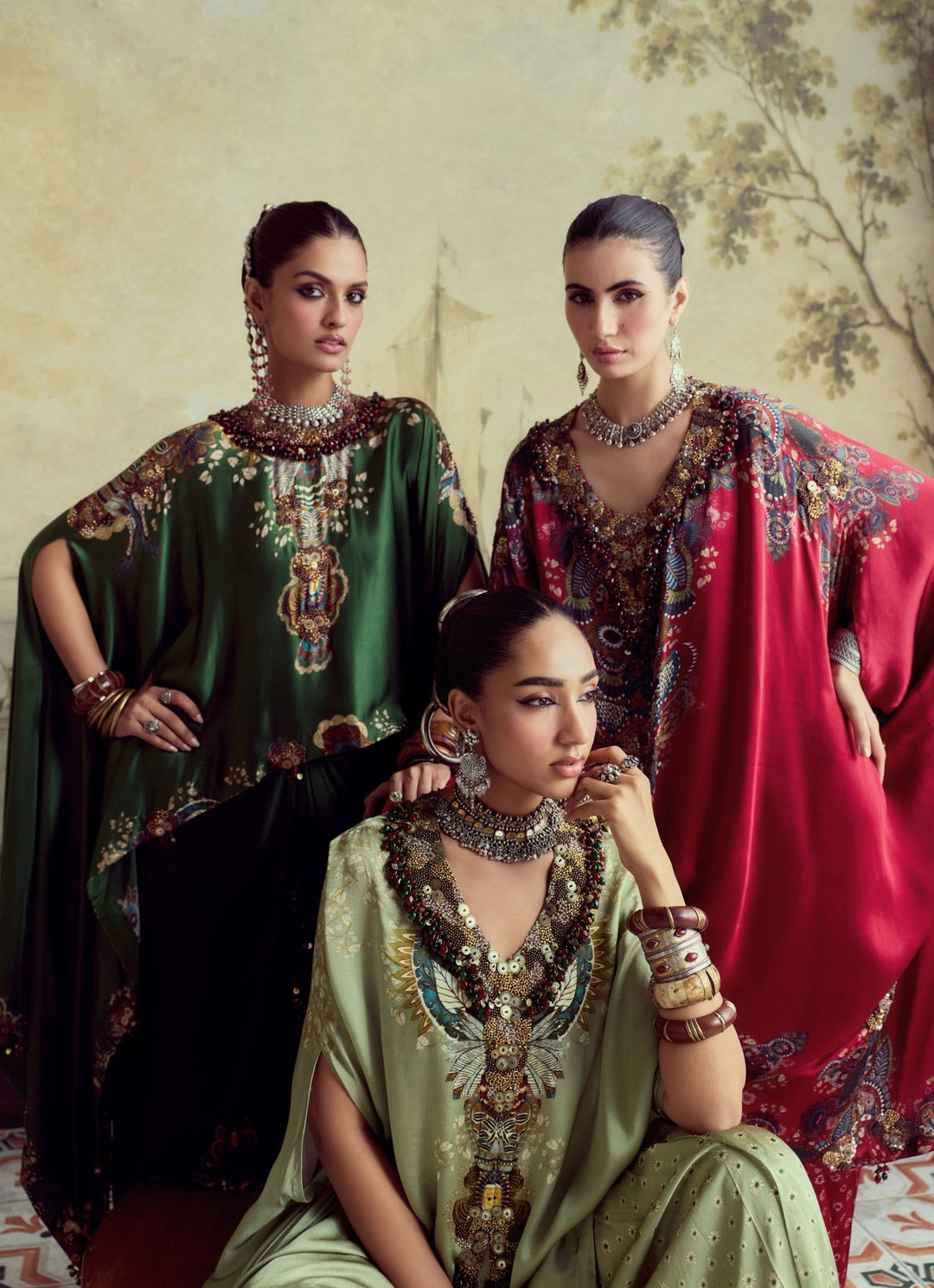 Prisho Sage Green Embroidered Modal Satin Kaftan Pants SetFabilicious Fashion