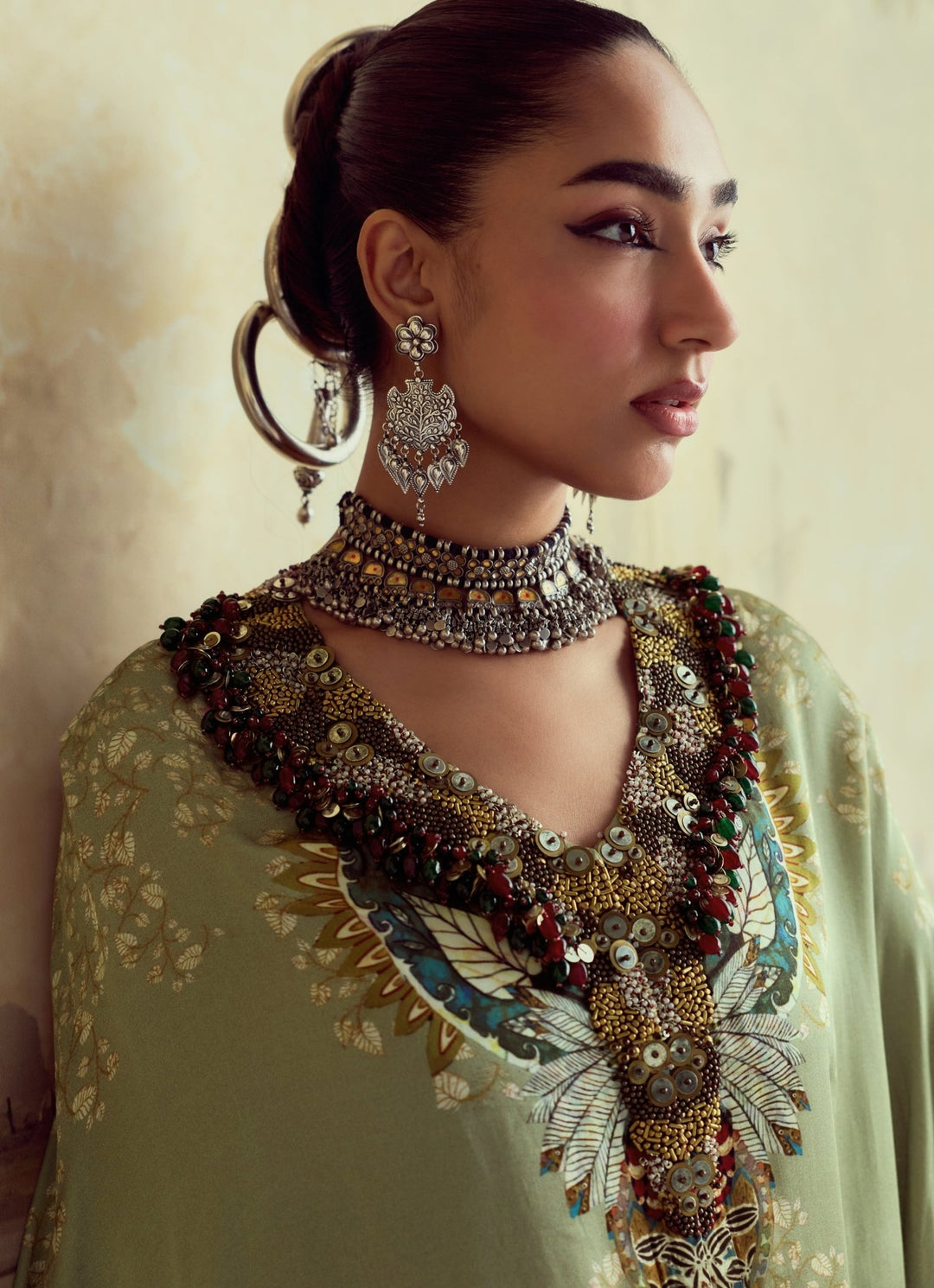 Prisho Sage Green Embroidered Modal Satin Kaftan Pants SetFabilicious Fashion