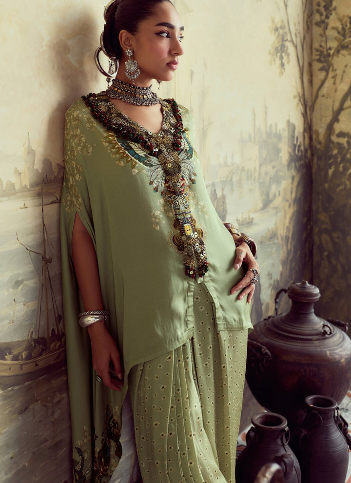Prisho Sage Green Embroidered Modal Satin Kaftan Pants SetFabilicious Fashion