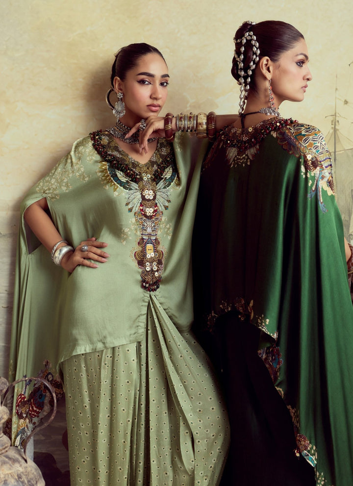Prisho Sage Green Embroidered Modal Satin Kaftan Pants SetFabilicious Fashion