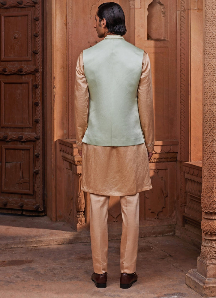 Sage Green Embroidered Nehru Jacket Set Contrast By Parth - Fabilicious Fashion