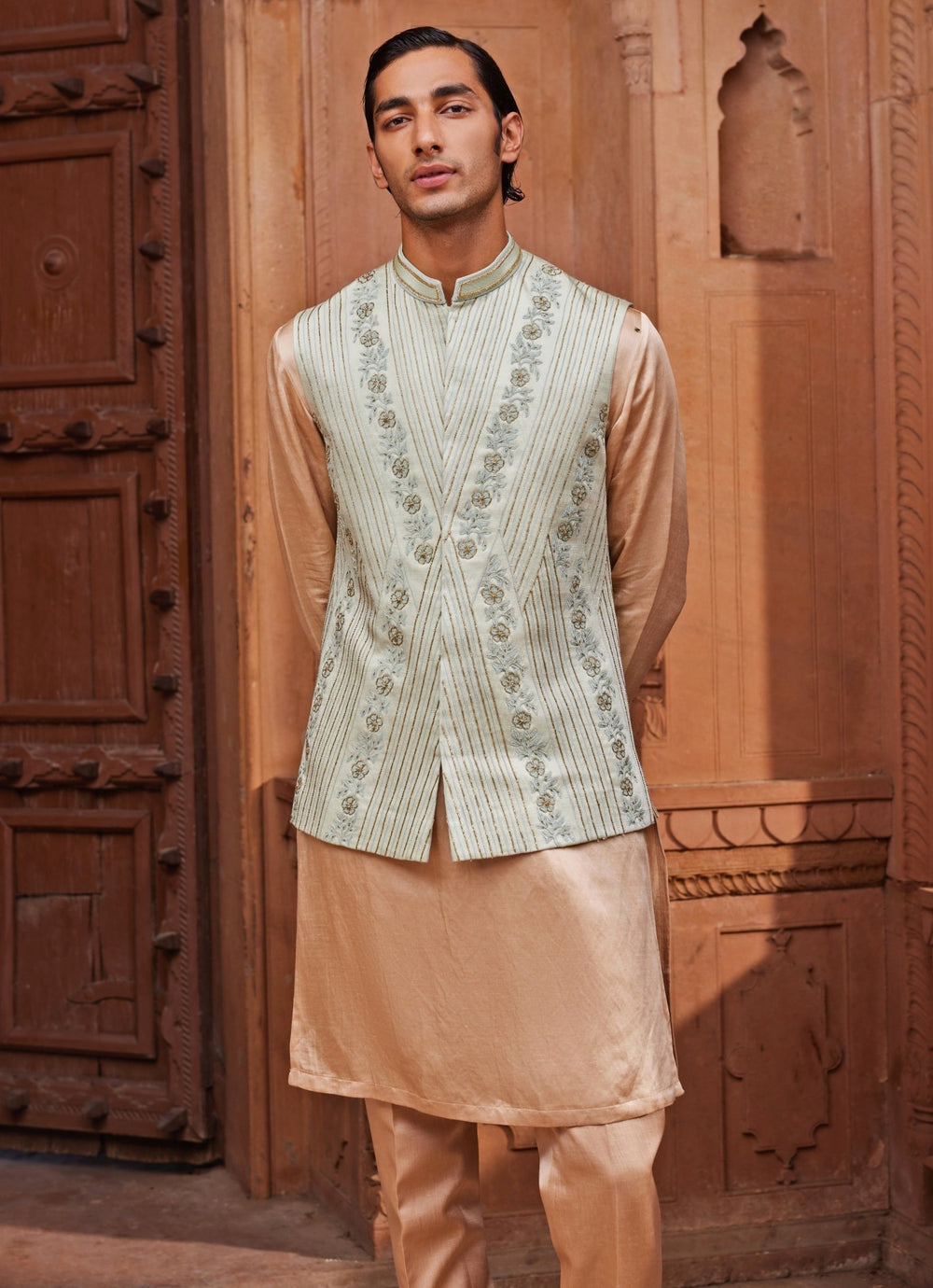 Sage Green Embroidered Nehru Jacket Set Contrast By Parth - Fabilicious Fashion