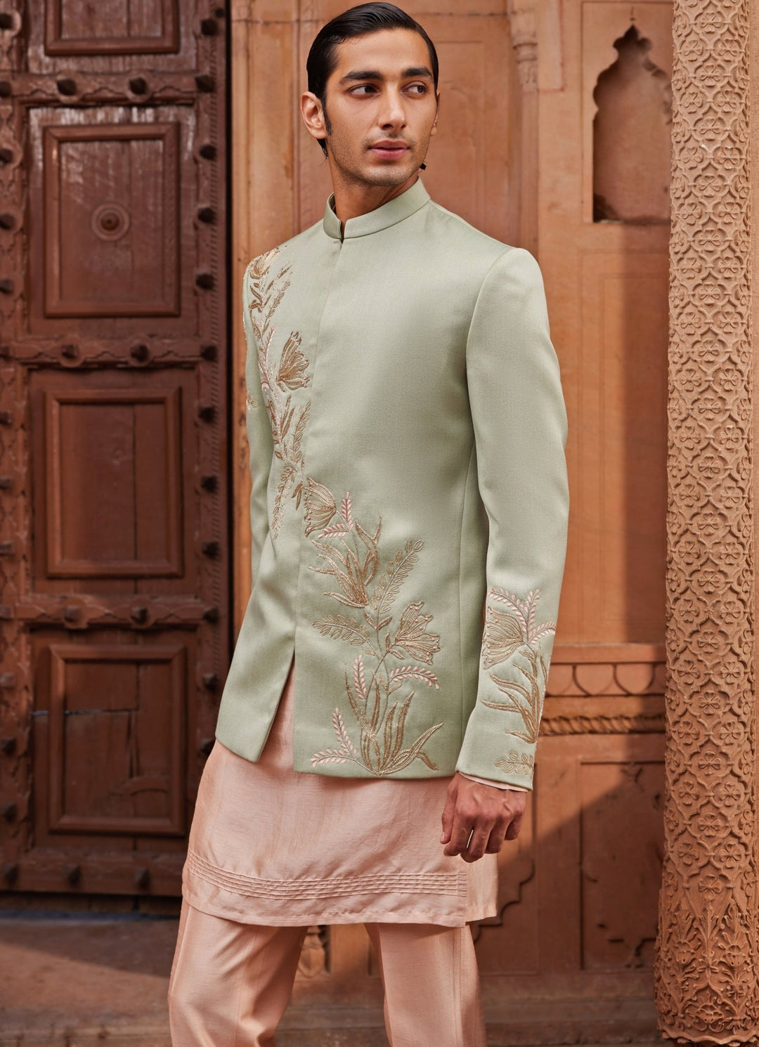 Sage Green Embroidered Nehru Jacket Set Contrast By Parth - Fabilicious Fashion