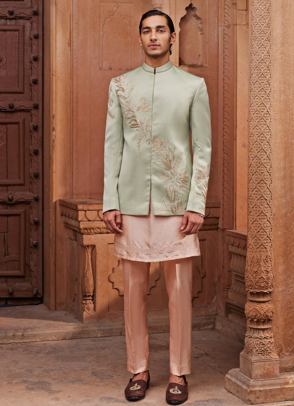 Sage Green Embroidered Nehru Jacket Set Contrast By Parth - Fabilicious Fashion
