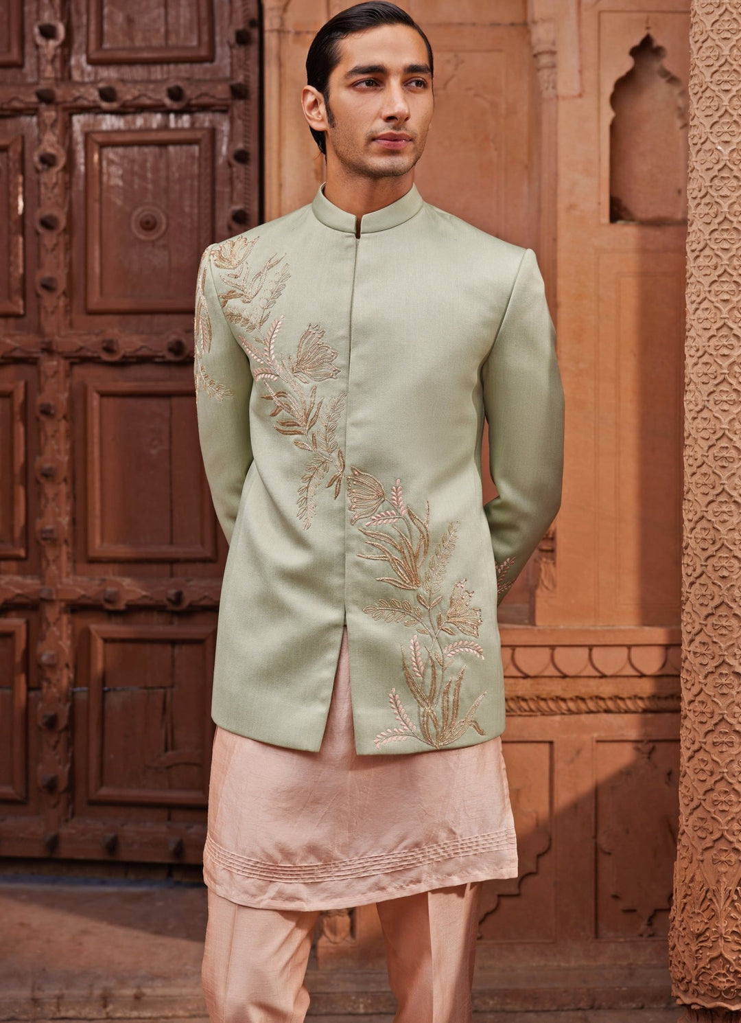 Sage Green Embroidered Nehru Jacket Set Contrast By Parth - Fabilicious Fashion
