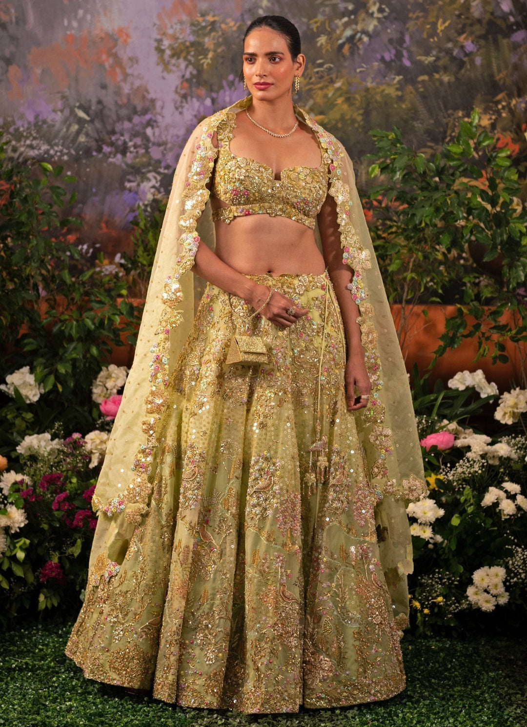 Sage Green Embroidered Organza Lehenga Set Moledro - Fabilicious Fashion