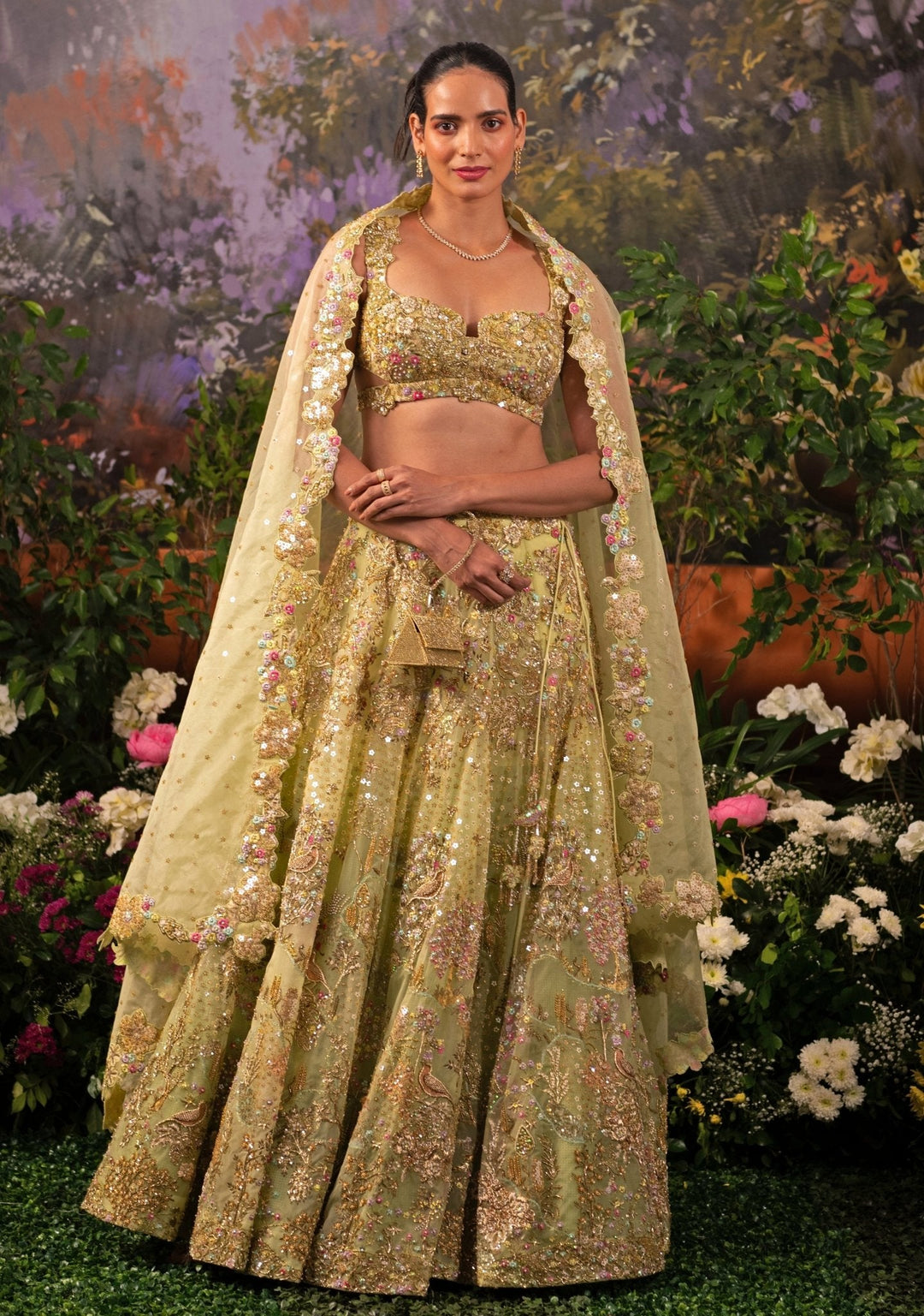 Sage Green Embroidered Organza Lehenga Set Moledro - Fabilicious Fashion